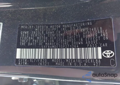 2025 Toyota Corolla Le z USA, uszkodzony, nr VIN 5YFB4MDE1SP271264